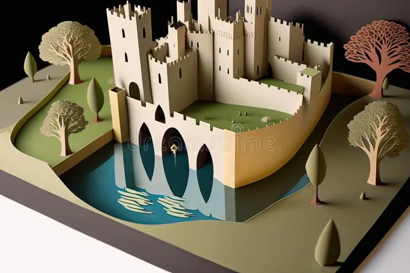 a cardboard castle surrounded by a moat