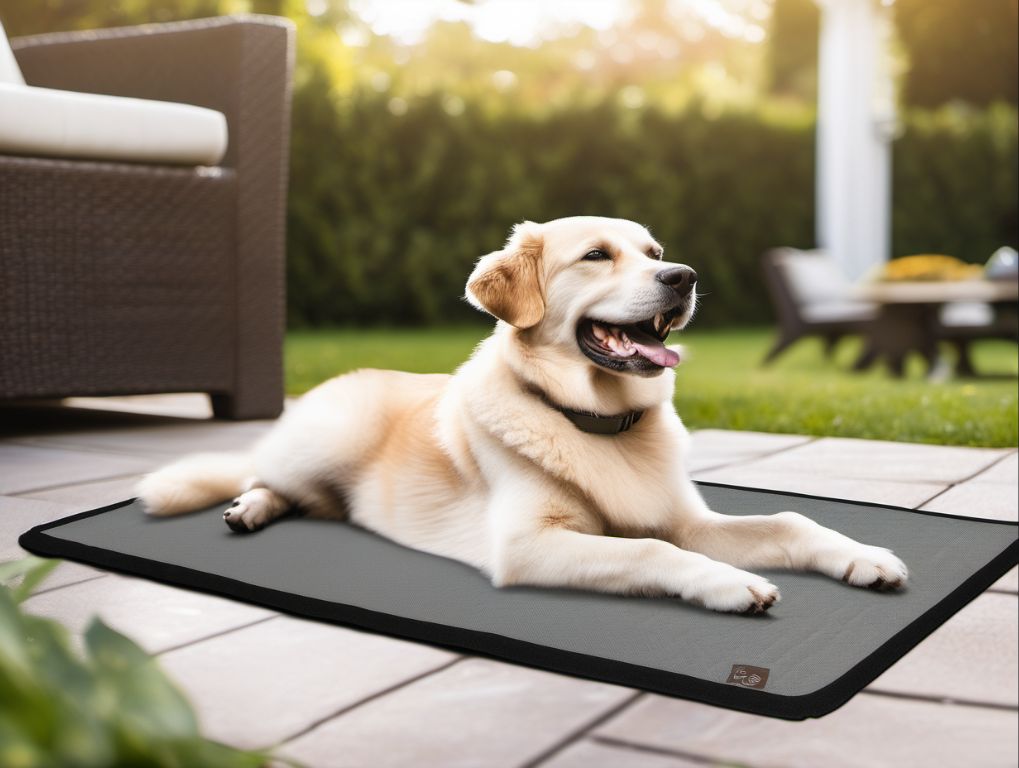 a dog relaxing on a mat