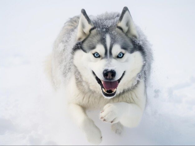 a siberian husky with blue eyes running across the snow